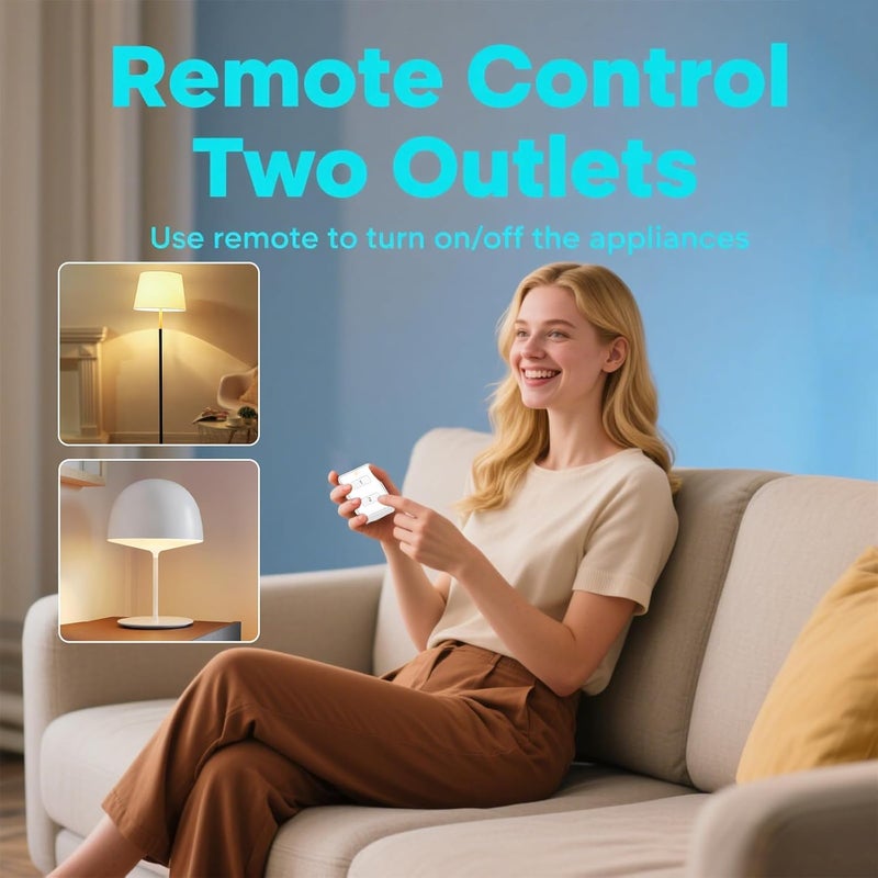 LoraTap Mini Wireless Remote Control Outlet Plug Adapter (2 Pack) with Remote, 2 Channel Wall Switch, 656ft Control Range for Indoor Lamps and Home Appliances, No Hub Required, 10A/1100W, White - Image 3